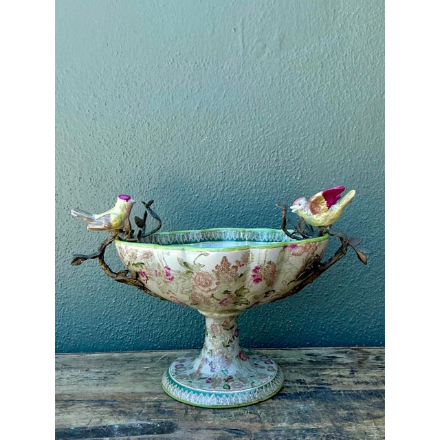 Ceramic Vintage Glazed Ceramic Floral Bird Urns - A Pair For Sale - Image 7 of 12