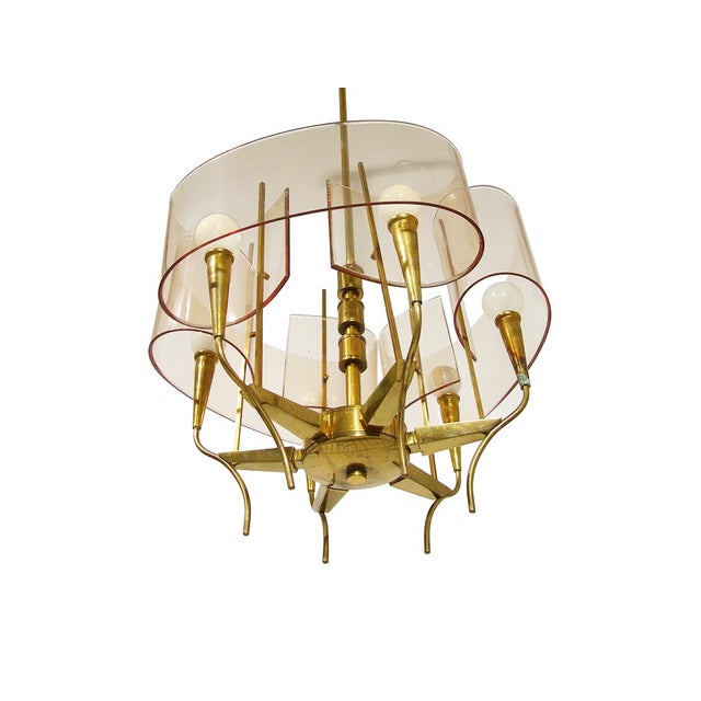 Mid century modern 6-light chandelier made from brass and pink/violet acrylic glass shades. Good condition: signs of...
