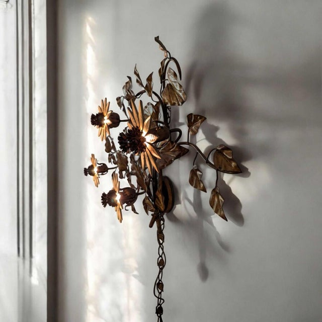 Vintage Italian Gilt Tole Sunflower Wall Sconce, 48.5 In For Sale - Image 9 of 10