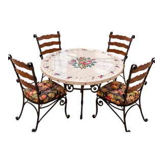Vintage Mediterranean Wrought Iron & Fruit Tile Dining Set, 5 Pieces For Sale
