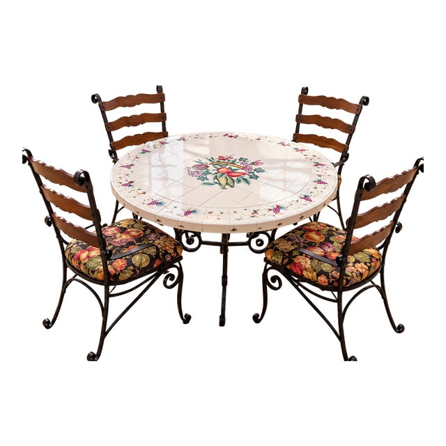 Vintage Mediterranean Wrought Iron & Fruit Tile Dining Set, 5 Pieces For Sale