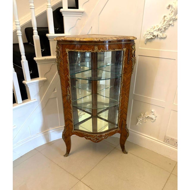 Antique French Kingwood Serpentine Corner Display Cabinet with Marble Top and Ormolu Mounts, 1860 For Sale - Image 12 of 12
