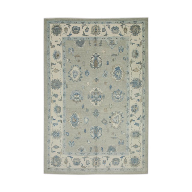 Textile Early 21st Century Green & Blue Floral Design Handwoven Wool Turkish Oushak Rug 6'1" X 8'6" For Sale - Image 7 of 7