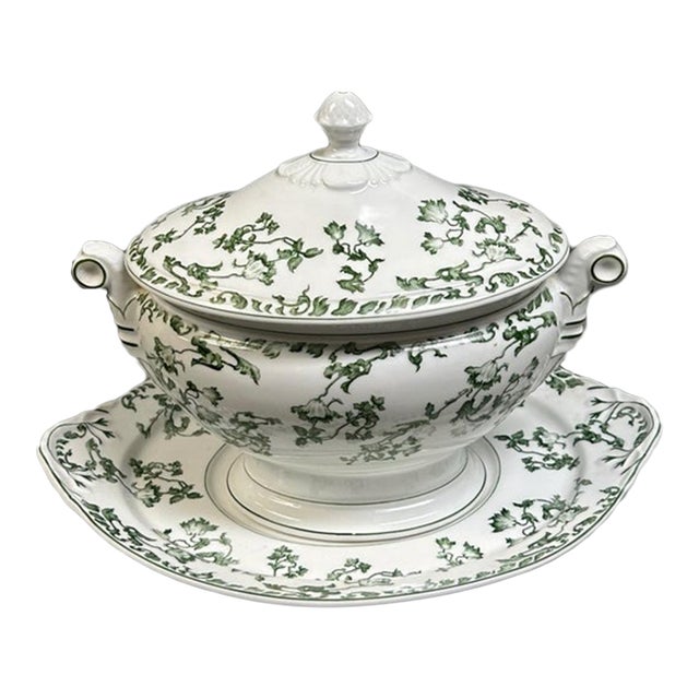 Vintage Vista Alegre Portuguese Porcelain Green Ivy Soup Tureen Set For Sale
