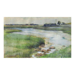 Early 20th Century Riverside Village Landscape Watercolor