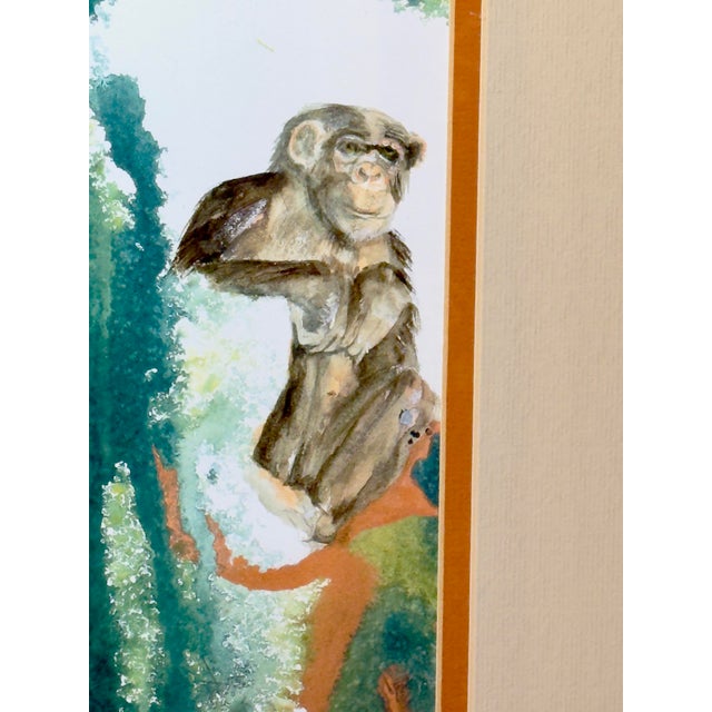 Wood Late 20th Century Artist Signed Water Color Monkey Art -a Pair For Sale - Image 7 of 12