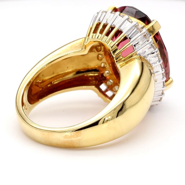 2020s 18.75 Carat Cushion Cut Pink Tourmaline & Diamond Halo Set 18k Yellow Gold Ring, Size 8 For Sale - Image 5 of 11