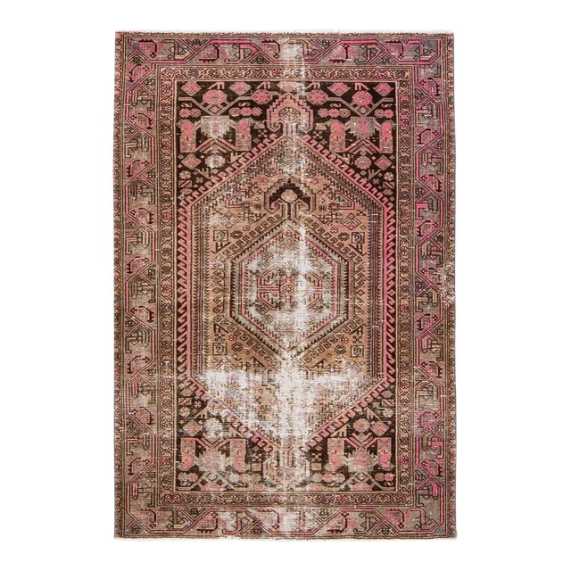 1960s Vintage Distressed Handmade Geometric Peach Wool Rug For Sale