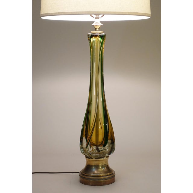 Mid-Century Modern 1970s XXL Murano Sommerso Thick Swirl Art Glass Brass Table Lamp Barovier Toso Italy For Sale - Image 3 of 13