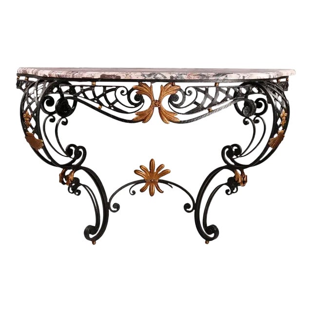 French Louis XV Style Wrought Iron & Marble Console Table 20th Century For Sale