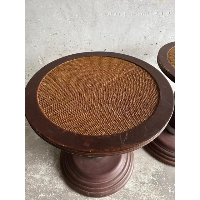 Set of 2 Art Nouveau side tables with woven top This elegant set of tables from the early 20th century is a beautiful...