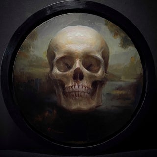 Passage by Karen Offutt | Oil Painting of a skull against a blurred landscape background For Sale