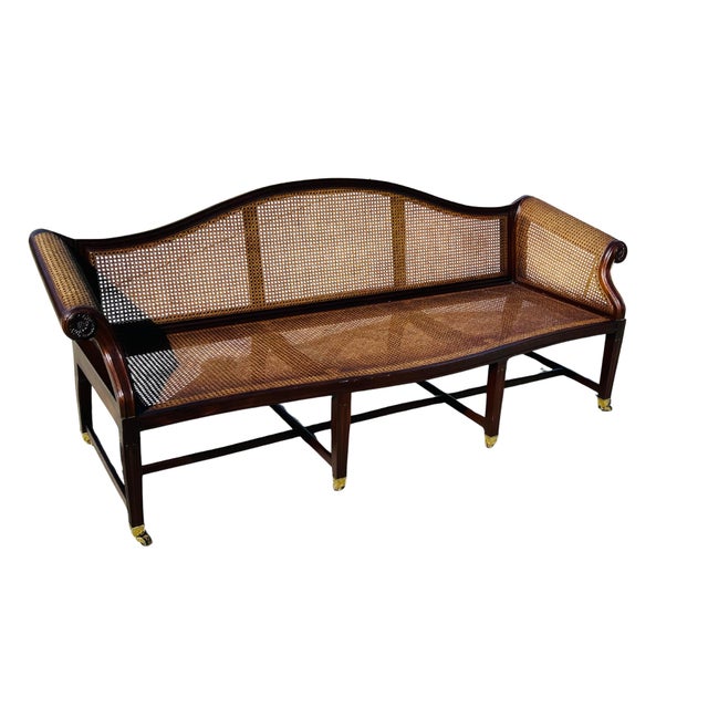 Authenticated Antique Federal Mahogany Caned Settee Sofa, Circa 1800–1815 – Serpentine Back, Reeded Scroll Arms & Original...