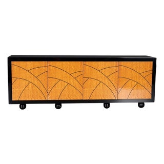 1980s Pace Collection “Boca” Credenza With Birdseye Maple Doors & Black Lacquer Frame, Attributed For Sale