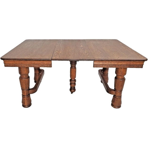 1900 - 1909 Antique 1900s Solid Oak Expandable Dining Table – Ornate Carved Apron 5-Leg Base For Sale - Image 5 of 12