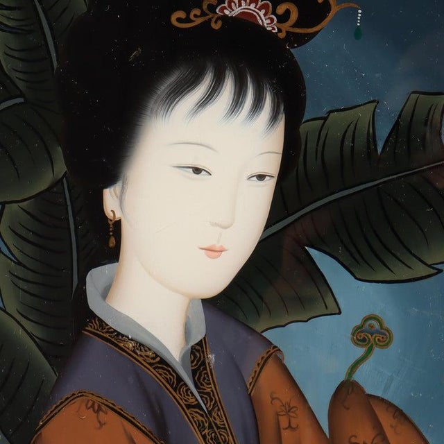 Pair of Antique Chinese Reverse Painted Circular Portrait Wall Panels C1920 For Sale - Image 4 of 9