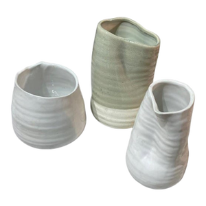 1990s Captivating Wabi-Sabi Organic Modern Ceramic Vase Trio | Asymmetrical White & Gray Studio Pottery Set