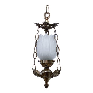 Vintage Brass Lantern With Frosted Glass Shade For Sale