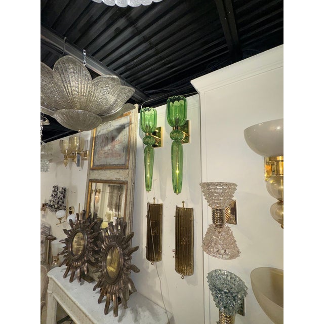 Pair of Murano Apple Green Torch Sconces. These are wired and ready to go. Stunning for today's designs. 27h x 5w x 7d