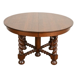 Stickley Brothers Antique Mission Oak Arts & Crafts Barley Twist Extension Dining Table, Newly Refinished For Sale