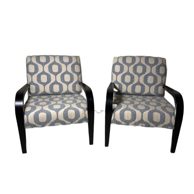 Mid century modern style chairs, freshly upholstered in stunning pale blue boucle on natural linen