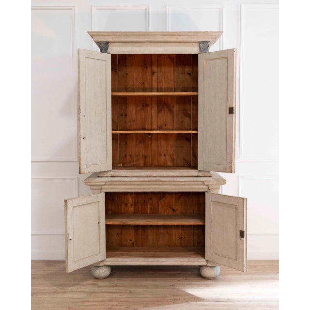 Tall Swedish cabinet in soft grey, two-piece, early‑mid 19th century For Sale - Image 4 of 11