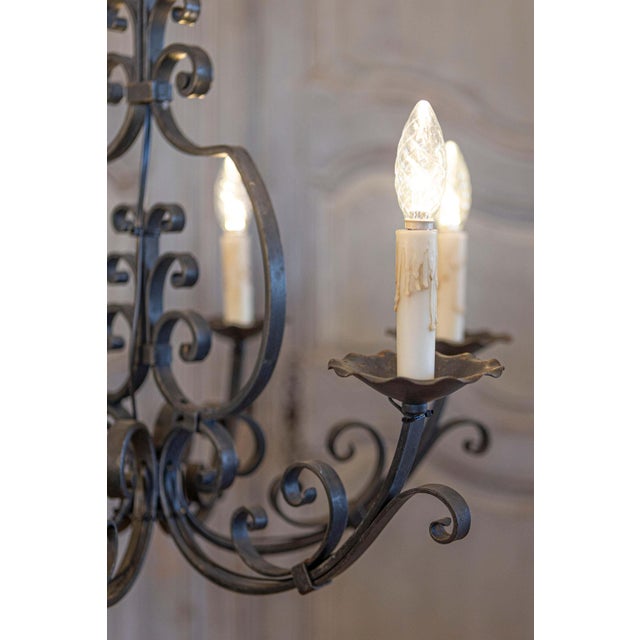 Metal Mid 20th Century French Six Light Wrought Iron Chandelier with Cascading Scrolls, USA Wired For Sale - Image 7 of 10