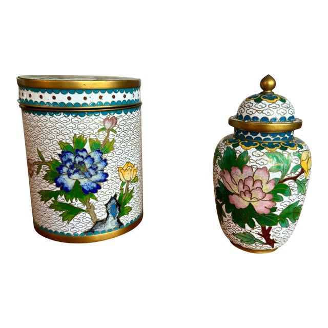 Matched Pair: Chinese Cloisonné Enamel Covered Brush Pot & Ginger Jar Vase For Sale