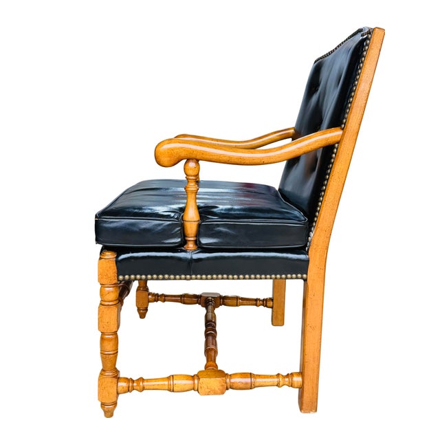 Vintage Barnard & Simonds Black Leather Armchair | 1960s American Traditional | Button-Tufted Leather & Bobbin-Turned Wood For Sale - Image 11 of 18