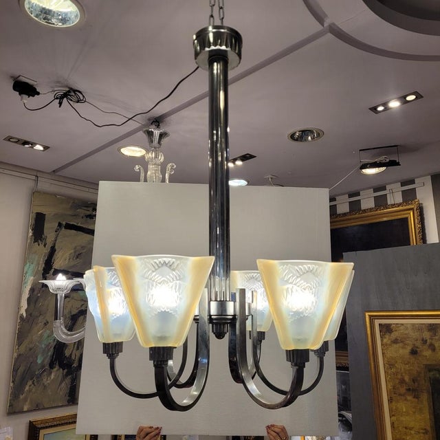 Pendant Light in Glass and Nickel-Plated Metal from Atelier Petitot Paris, 1930s For Sale - Image 11 of 18