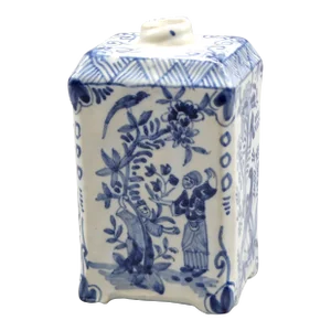 18th-Century Delft Chinoiserie Tea Caddy With Figures, Birds Maker's Mark