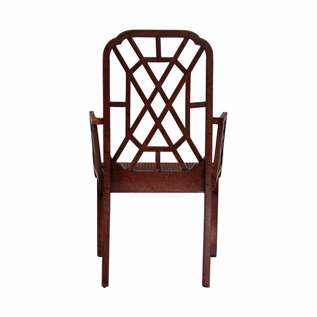 Antique China trade, Chinese Chippendale style lattice back and side armchair with hand painted craquelure finish.