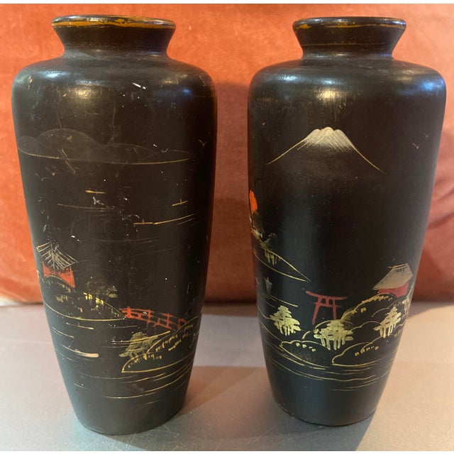 Antique Japanese Black Lacquered Wooden Vases Pair Chairish