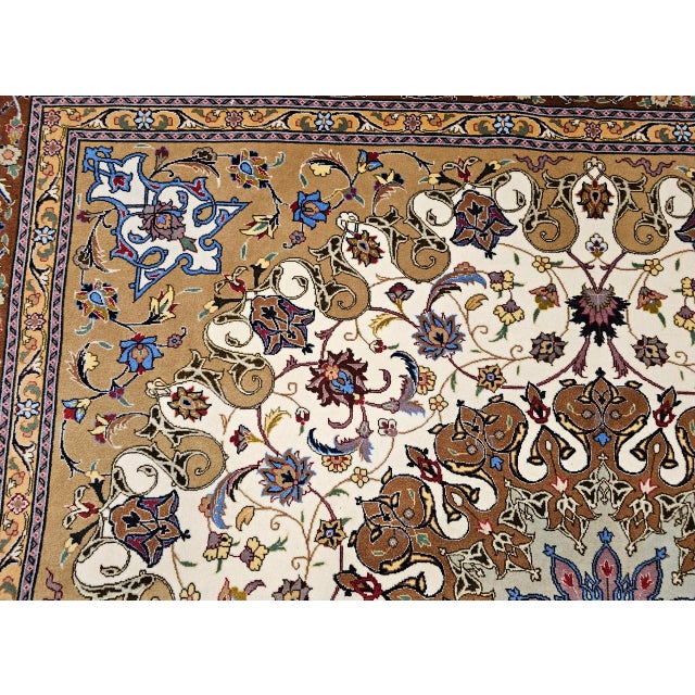 Vintage Persian Tabriz Square Area Rug, Hand-Knotted Wool & Silk, Fine Medallion Floral Pattern, Ivory & Brown, 7x7 For Sale - Image 14 of 16