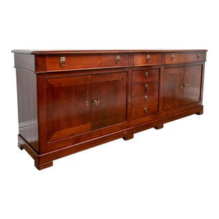 French Grange Cherry Wood Buffet Table With Brass Pulls For Sale
