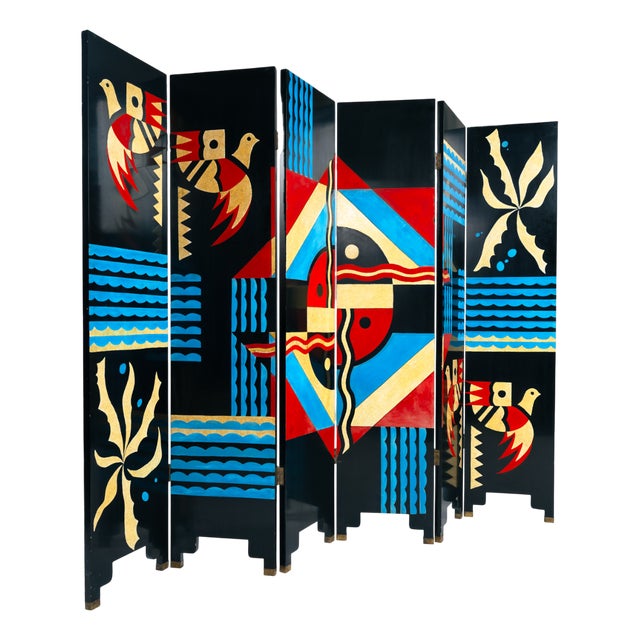 Art Deco 6-Fold Room Divider Screen with Hand-Painted Birds, 1970s For Sale