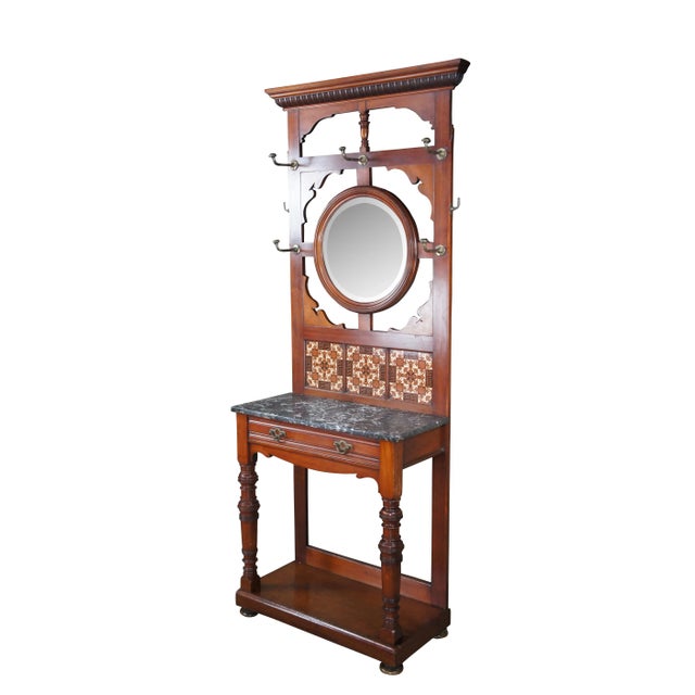 Arts & Crafts Late 19th Century Antique Arts & Crafts Mahogany Hall Tree Stand Entry Console With Marble & Mirror For Sale - Image 3 of 12
