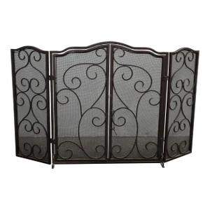 Black Ornate Three Panel Fireplace Screen ~ Center Doors Open