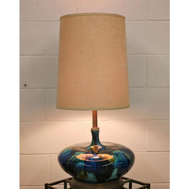 Mid Century Blue & Green Drip Glaze Lamp For Sale - Image 4 of 6