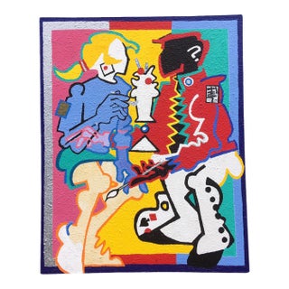 Vintage 1988 Large Colorful Abstract Figurative Acrylic Painting on Canvas, Monogrammed t.w. For Sale