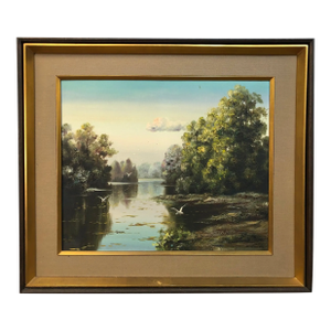 "Morning Glimpse Through the Trees" - Early 20th Century Original Oil on Canvas Signed on the Bottom, Framed