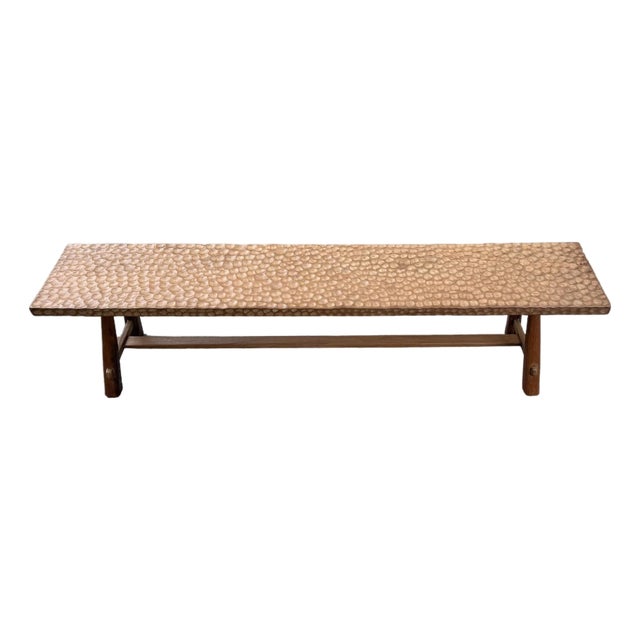 Sculptural Teak Wood Bench Carved Detailing, Modern Organic For Sale