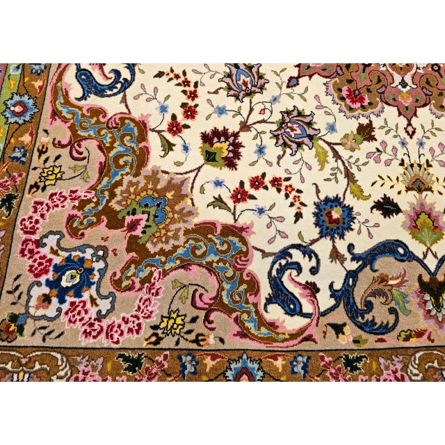 Vintage Tabriz Square Area Rug, Hand-Knotted Wool & Silk, Fine Medallion Floral Pattern, Ivory & Pale Pink, 7x7 For Sale - Image 15 of 16