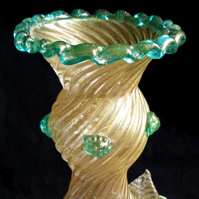 Barovier & Toso Vintage Murano Barovier Toso Green Roses Gold Flecks Italian Art Deco Style Glass Midcentury Flower Vase For Sale - Image 4 of 7
