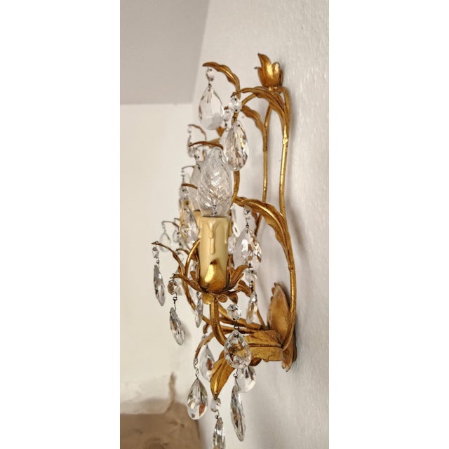 Gold Mid-Century Regency Modern Boheme Shabby Chic Forged Gold Leaf Gilded Floral Two Light Sconce with Crystal Drops, Italy, 1950s, Set of 3 For Sale - Image 8 of 18