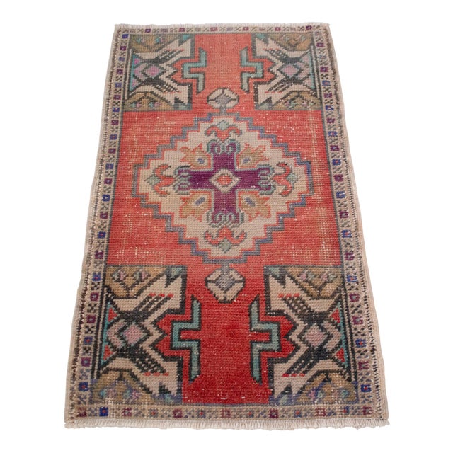 1980s Distressed Rug Low Pile Hand Knotted Yastik Rug Faded Mat- 20'' X 36'' For Sale - Image 5 of 13