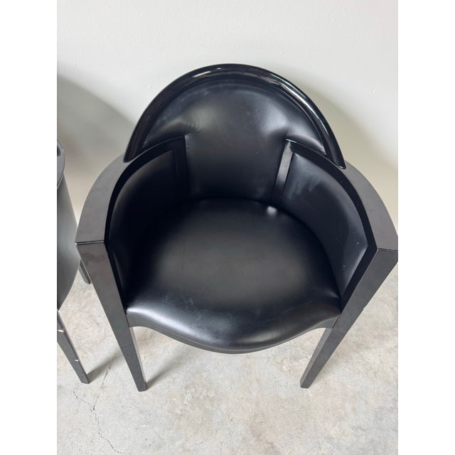 Wood 1980’s Italian Art Deco Postmodern Black Lacquer & Leather Club Chairs – Pair/ Sold For Sale - Image 7 of 12