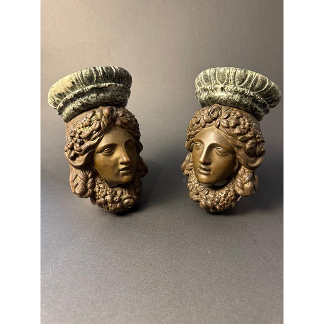Decorative Brackets in Bronze and Verde Alpi Marble, Early 19th Century, Set of 2 For Sale - Image 4 of 11