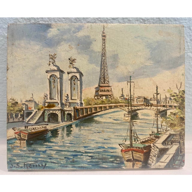 Paint Vintage Miniature Harbor Scene Painting of Paris, France With Eiffel Tower Signed j.s. Reilly For Sale - Image 7 of 7
