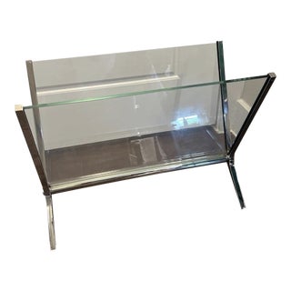 Vintage Milo Baughman Style Magazine Holder Glass & Chrome Mid Century Modern For Sale